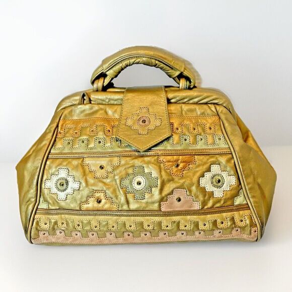 SAMIR VTG Leather Gold Western Boho Patchwork Metallic Cottagecore Handbag Rare - Picture 1 of 15